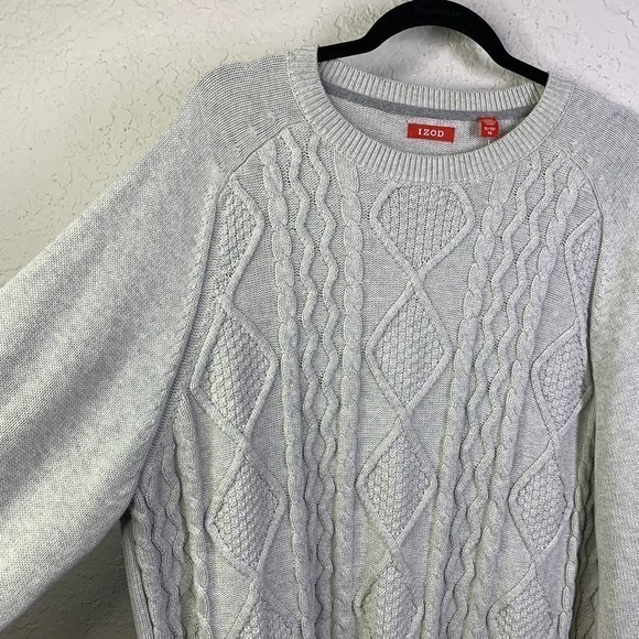 IZOD Sweater Light Grey Cotton Cable Knit Preppy Irish Ski Crew Neck- NWT - Picture 3 of 13